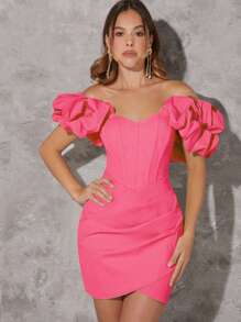 L'Amorae 露肩荷葉邊交叉裙擺連身裙