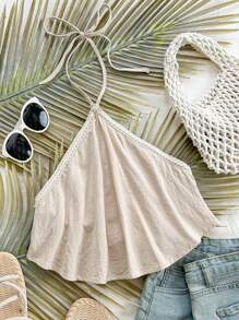 Soleia 夏季女士休闲沙滩露背吊带蝴蝶结花卉拼接荷叶边下摆宽松透气上衣，度假/毕业季 - 杏色 - 查看 1