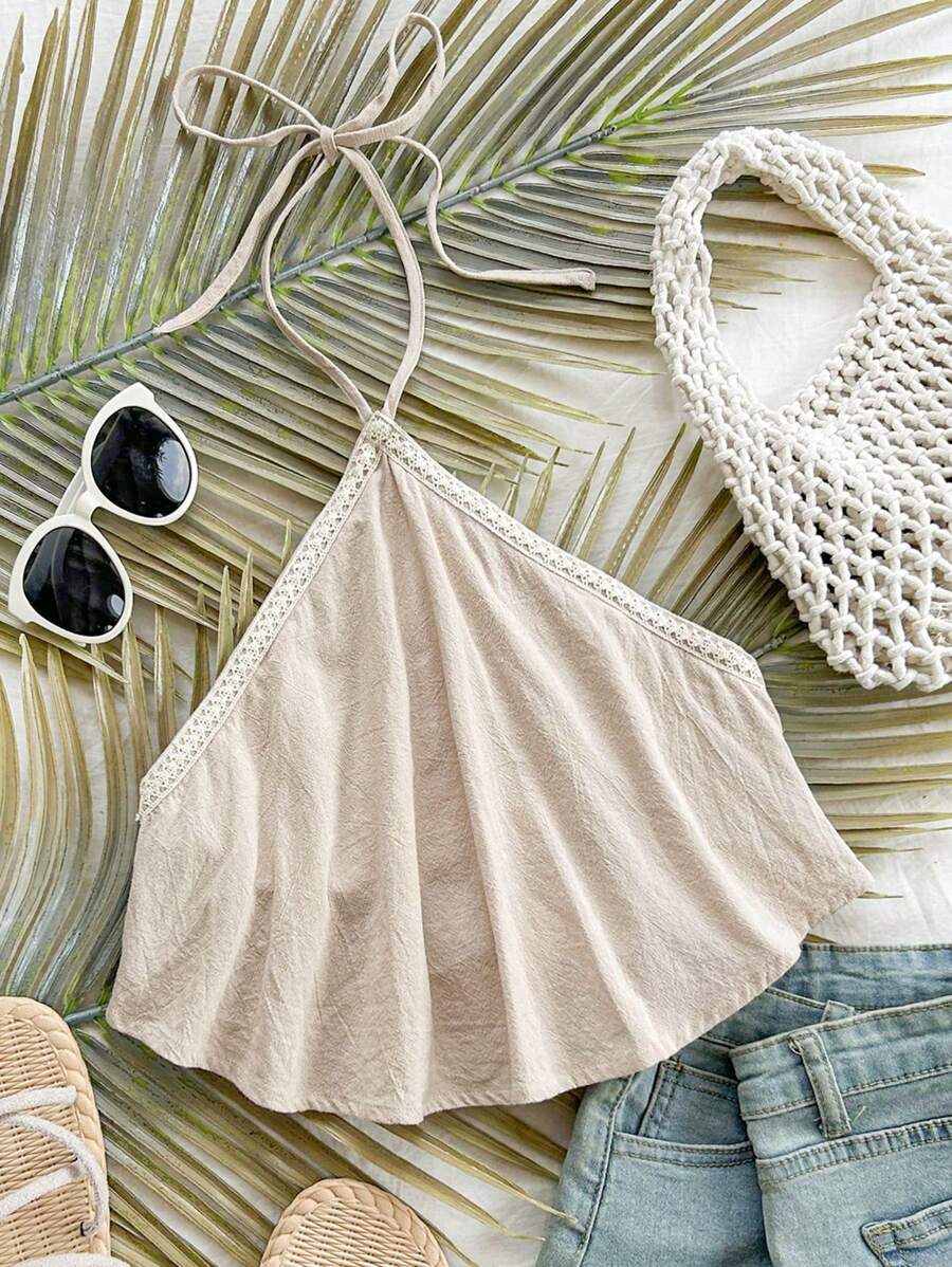 Soleia 夏季女士休闲沙滩露背吊带蝴蝶结花卉拼接荷叶边下摆宽松透气上衣，度假/毕业季 - 杏色 - 查看 1