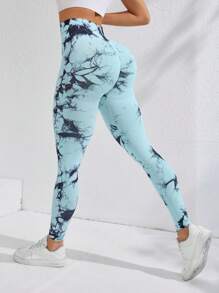 SHEIN Core Rhythm 弹力扎染宽腰运动紧身裤瑜伽女裤 - 彩色 - 查看 2