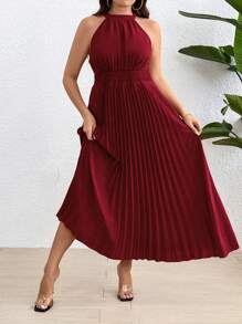 Franclia Đầm xếp ly hở lưng màu trơn cỡ lớn cho nữ mùa hè - Màu Đỏ Sâu - Xem 5