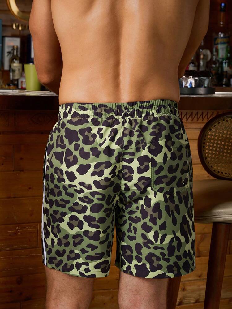 Men's Summer Leopard Print Beach Shorts With Drawstring Waistband