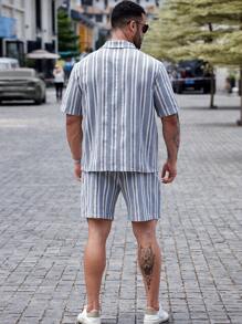 Manfinity Homme Conjunto de camisa casual de diseño a rayas y estampado de moda para hombres de talla grande - Blanco - Ver 2