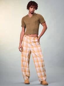 FeverCity Men's Short Sleeve Knitted Top With Turn-Down Collar, Ripped Design And Ribbed Hem - Coffee Brown - View 5