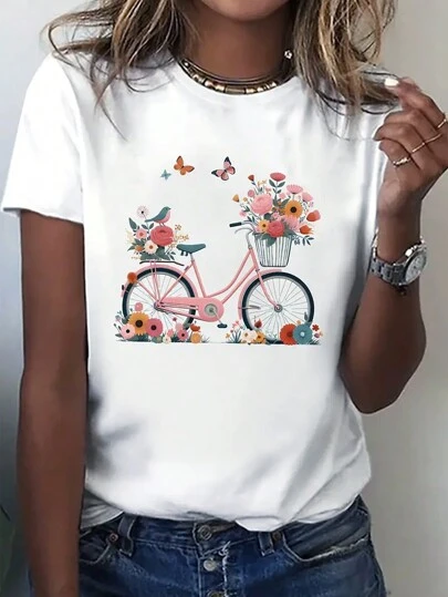 EMERY ROSE Women's Short Sleeve T-Shirt With Bicycle Print, Round Neck Graphic Tees Women Tops