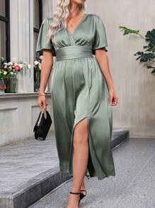 EMERY ROSE Plus Size Women Summer Solid Color Overlapping V-Neck Ruffled Short Sleeves Waist Pleated Elegant Long Dress With Side Slit Hem Women Outfit - Army Green - View 3
