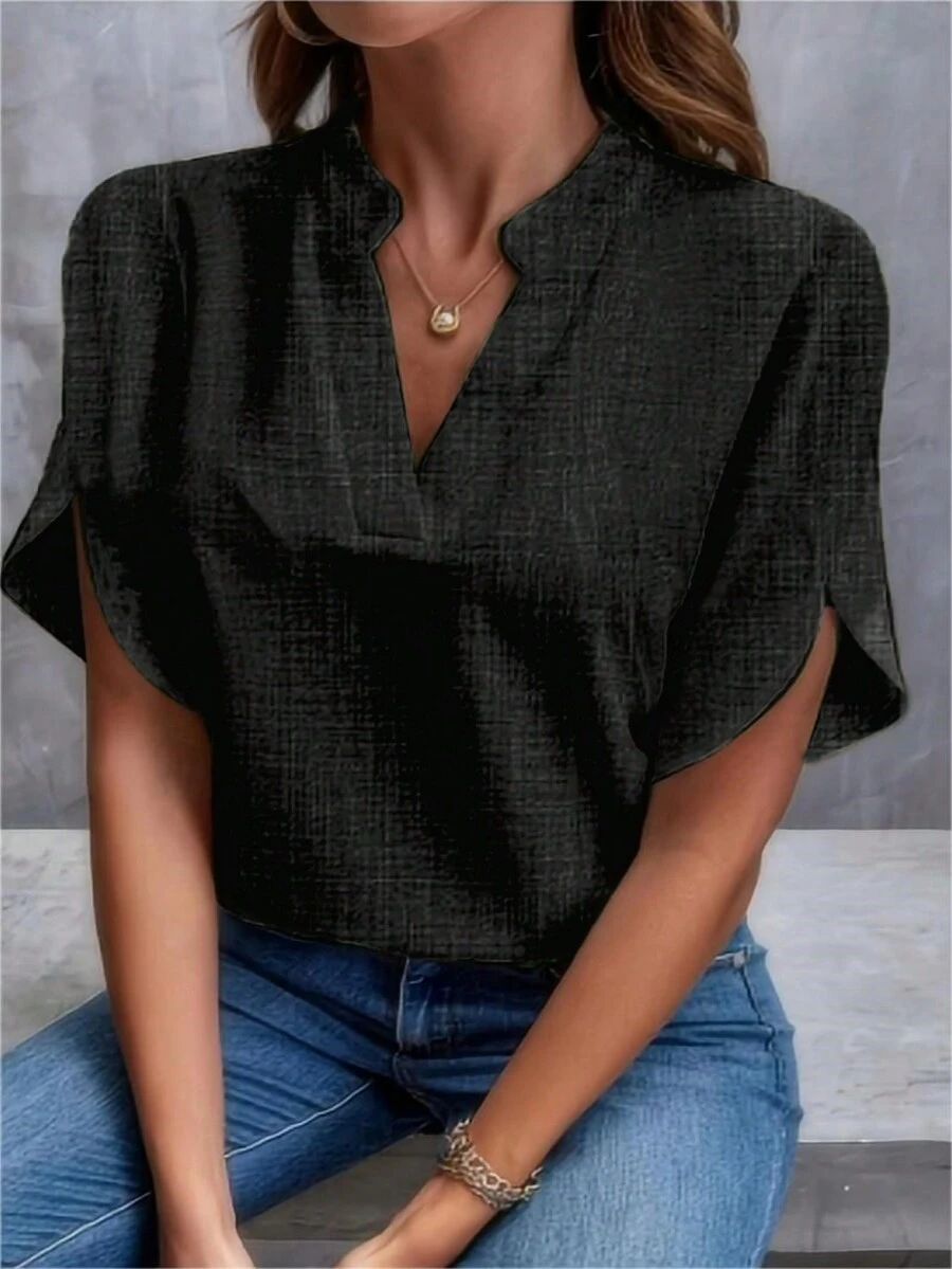 Summer Casual Solid Color V-Neck Batwing Sleeve Shirt - Black - View 1