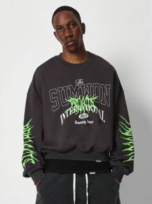 SUMWON Vintage Washed Loopback Cotton Jersey Crop Length Sweatshirt Athletic Fit Gym Oversized Sleeve Print Autumn Winter Casual Everyday Apparel - Dark Grey - View 1