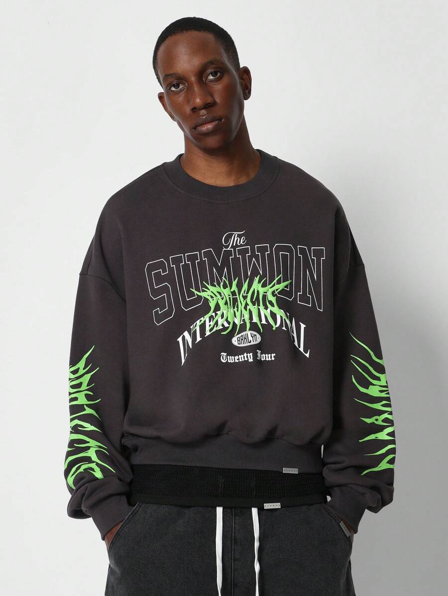 SUMWON Vintage Washed Loopback Cotton Jersey Crop Length Sweatshirt Athletic Fit Gym Oversized Sleeve Print Autumn Winter Casual Everyday Apparel - Dark Grey - View 1