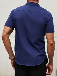 Manfinity Homme Men's Solid Color Short Sleeve Casual Shirt,Summer Men Shirts - Navy Blue - View 2