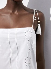 Maija 女士轻盈棉质连衣裙，花卉刺绣，细肩带，流苏吊坠，适合春季、夏季、邮轮旅行、海滩、毕业季