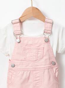 Baby Girl Pink Cute Frayed Washed Denim Overalls Shorts, Versatile Style