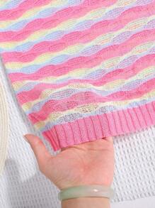 少女彩虹粉色条纹针织连衣裙，带有波浪和提花图案，适合海滩度假 - 彩色 - 查看 5