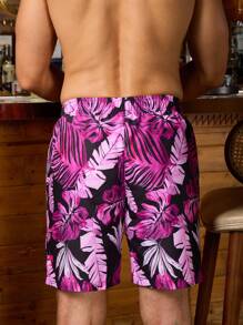 Surfspeed Men's Tropical Plant Printed Drawstring Waist Beach Shorts, Summer - Red - View 2