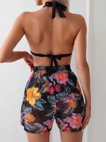 SHEIN Swim Women's Summer Beach Solid Color Halter Neck Bikini Set With Tropical Plant Print Cover Up Shorts - Multicolor - View 2