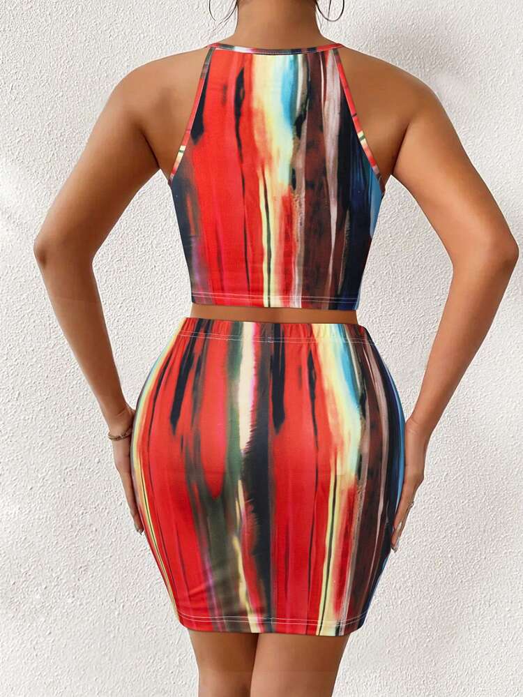 Women's Colorful Printed Casual Top And Skirt Set For Daily Wear