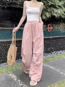 女性用ソリッドカラー シンプルなピンクドローストリングカーゴパンツ、日常着用に適している - ピンク - チェックする 5