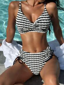 SHEIN Swim Women's Summer Beach Striped Crossed Chest Sexy Bikini Set - Black and White - View 1