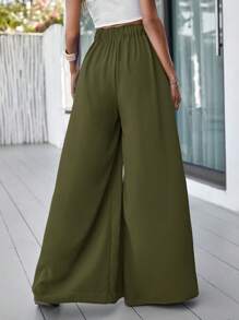 SHEIN VCAY Women's Solid Color Wide Leg Vacation Casual Pants - Army Green - View 2