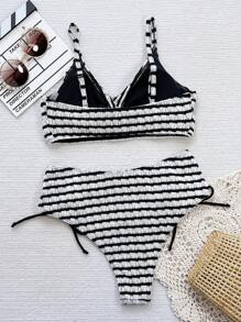 SHEIN Swim Women's Summer Beach Striped Crossed Chest Sexy Bikini Set - Black and White - View 2