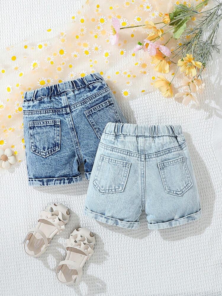 Baby Girl Daisy Printed Denim Shorts, Blue (Light & Dark Wash) 2pcs/Set