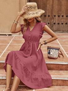SHEIN LUNE Women Fashionable Solid Color Ruffle Trim Sleeveless Dress - Rust Brown - View 5