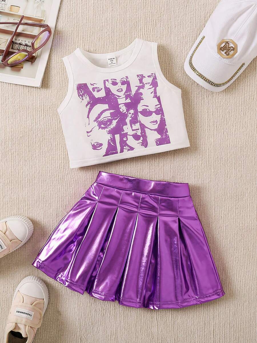 SHEIN Conjunto casual de 2 piezas con chaleco de cuello redondo con impresión de personajes de verano y falda plisada para niña joven