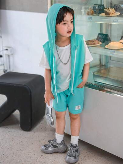 SHEIN Mirajuku 3 Bộ mũ lưới mùa hè dễ thương cho bé trai, áo phông + quần short + áo vest có khóa kéo, áo phông trắng + quần short xanh nhạt + áo vest có khóa kéo xanh nhạt, thích hợp mặc hàng ngày, đi học, du lịch, thể thao, xuân/hè