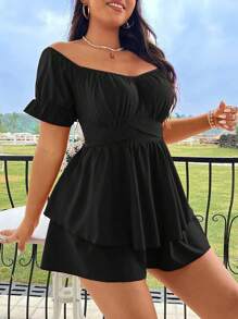 Sunnyshic Plus Size Solid Color Off Shoulder Ruched Jumpsuit For Casual Summer