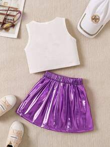 SHEIN Conjunto casual de 2 piezas con chaleco de cuello redondo con impresión de personajes de verano y falda plisada para niña joven