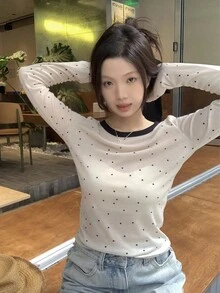 女士圓點拼色長袖T恤，薄款休閒時尚圓領上衣