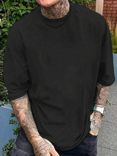 Manfinity Homme Camiseta casual de hombre de talla grande de unicolor con cuello redondo y mangas cortas, ideal para el verano