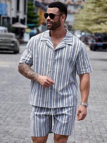 Manfinity Homme Conjunto de camisa casual de diseño a rayas y estampado de moda para hombres de talla grande - Blanco - Ver 6