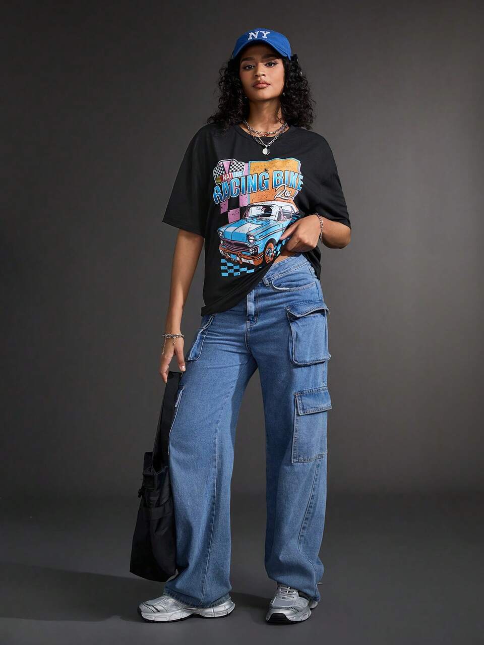 Women's Letter Car Printed Round Neck Loose Sports Short Sleeve T-Shirt