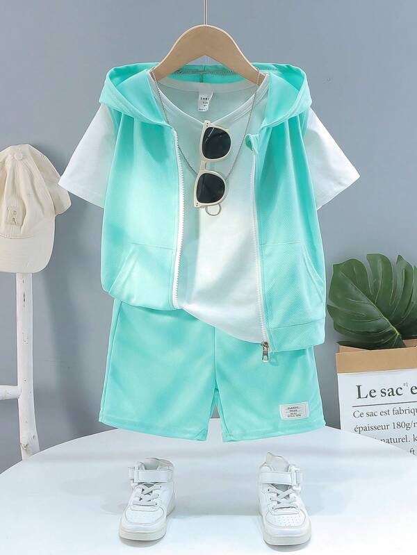 SHEIN 3Pcs Young Boy Casual Sports College Style Cute Vacation Summer Mesh Cap, Tee + Shorts + Zip-Up Vest Set, White Tee + Light Green Shorts + Light Green Zip Vest, Suitable For Daily Wear, School, Travel, Sports, Spring/Summer