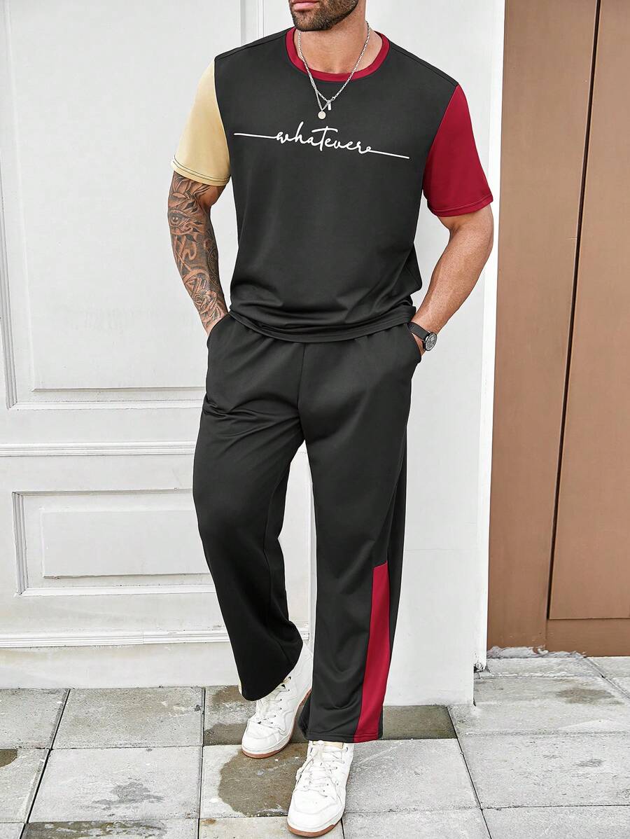 Manfinity Homme Men's Plus Size Summer Letter Printed Round Neck Short Sleeve Casual T-Shirt And Pocketed Long Pants Set - Multicolor - View 1