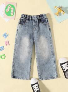 Young Boy Korean Loose Graffiti Style Dad Jeans - Dark Wash - View 2