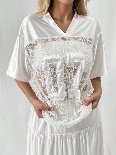 Flirla Women's White Lace Splice Satin Embroidered Graphic Short Sleeve T-Shirt For Holiday Party Clothes Graphic Tees Women Tops