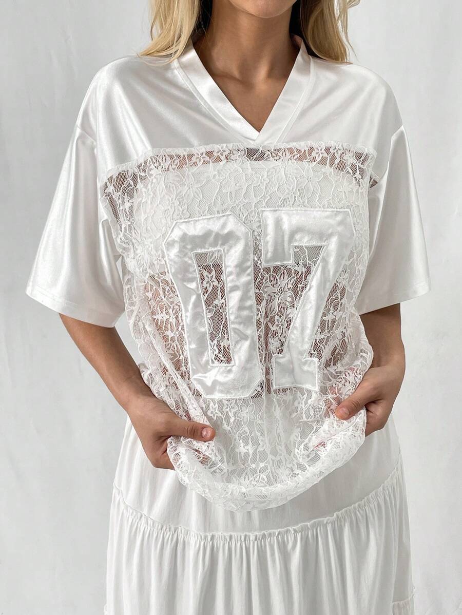 Flirla Camiseta corta de manga corta de mujer con aplicación de encaje blanco, satén bordado y gráfico para ropa de fiesta de vacaciones - Blanco - Ver 1