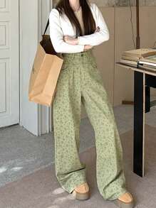 复古碎花高腰阔腿牛仔裤 - 綠色 - 查看 1