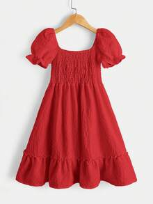 SHEIN Tween Girl Summer Solid Color Round Neck Short Puff Sleeve A-Line Dress - Burgundy - View 2