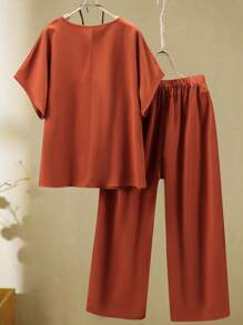 Joress Plus Size Solid Color Round Neck Short Sleeve Top And Long Pants Casual Summer Two Pieces Set