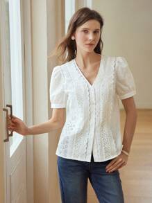 MOTF PREMIUM SOLID PUFF SLEEVE GUIPURE LACE DETAIL SCHIFFY BLOUSE - White - View 7