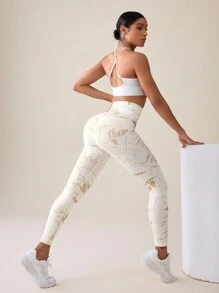 SHEIN Sport Studio Bladbedrukte elastische naadloze sportlegging