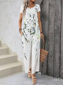 SHEIN LUNE Green Floral Print Pocket Wide Leg Women Casual Jumpsuit For Summer - Multicolor - View 1