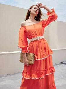 MOTF PREMIUM 露肩飄逸袖子對比波帶修邊層疊荷葉邊連衣裙 - 橘色 - 查看 8