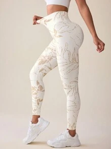 SHEIN Sport Studio Bladbedrukte elastische naadloze sportlegging