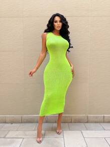 Zolique Vestido feminino sem mangas simples e liso para uso diário - Verde - Visão 1