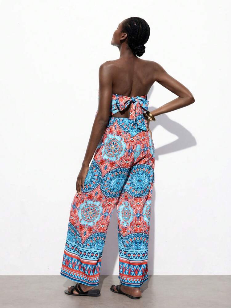SHEIN Maija Fully Printed Strapless Jumpsuit For Women, Suitable For Vacation And Casual Occasions