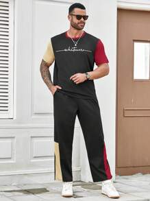 Manfinity Homme Men's Plus Size Summer Letter Printed Round Neck Short Sleeve Casual T-Shirt And Pocketed Long Pants Set - Multicolor - View 4